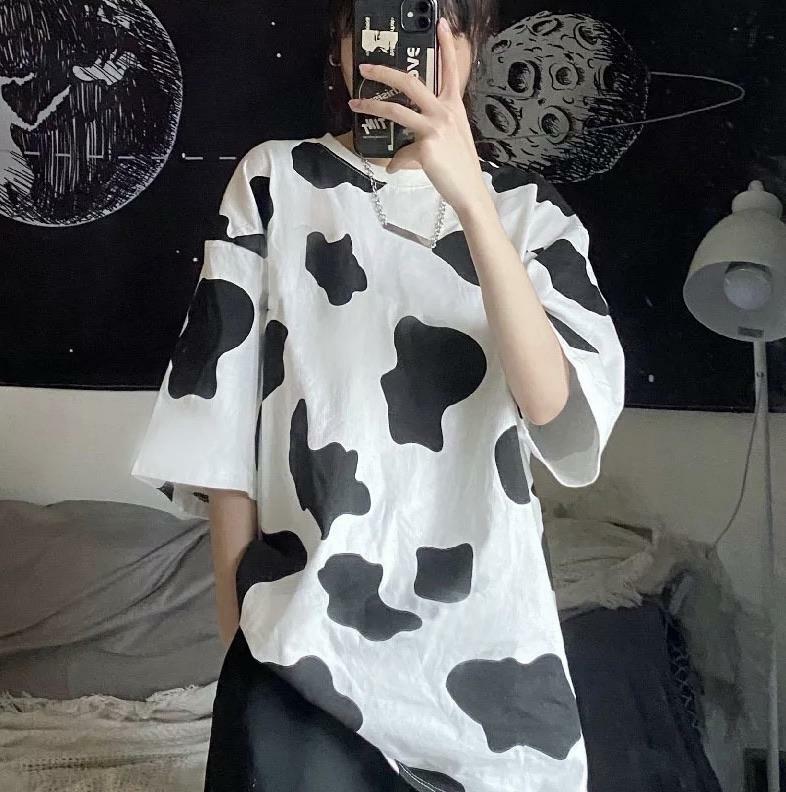 Y2K Grunge Cow-tastic Sleeved Tee - Retro 90s Summer Outfit, Pastel Goth, Y2K Fashion