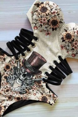 Y2K Grunge Cowboy Skull Sunflower Monokini - Retro 90s Summer Swimsuit for Y2K Fashionistas
