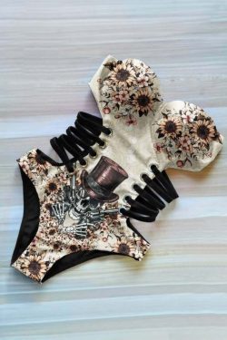 Y2K Grunge Cowboy Skull Sunflower Monokini - Retro 90s Summer Swimsuit for Y2K Fashionistas