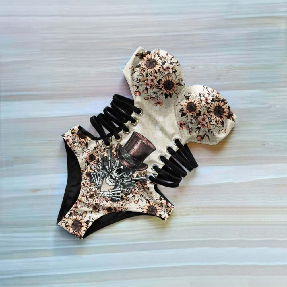 Y2K Grunge Cowboy Skull Sunflower Monokini - Retro 90s Summer Swimsuit for Y2K Fashionistas