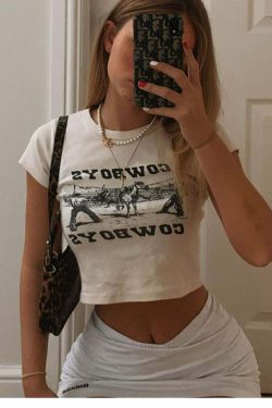 Y2K Grunge Cowboys Letter Print Crop T-Shirt - Retro 90s Summer Outfit, Baby Tee, Y2K Fashion