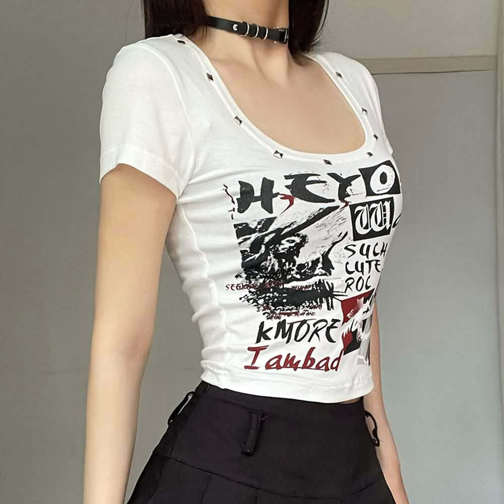 Y2K Grunge Crop T-Shirt - Retro 90s Punk Rock Style, Perfect for Summer and Party Outfits