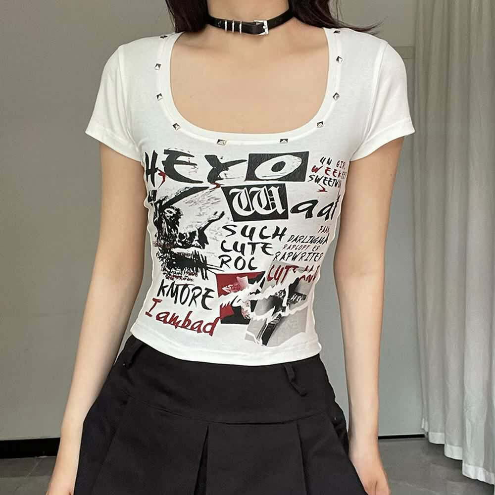 Y2K Grunge Crop T-Shirt - Retro 90s Punk Rock Style, Perfect for Summer and Party Outfits