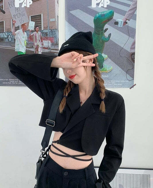 Y2K Grunge Cropped Suit Jacket - Retro 90s Fashion, Y2K Summer Outfits, Pastel Goth Style