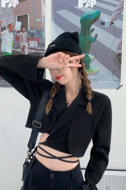 Y2K Grunge Cropped Suit Jacket - Retro 90s Fashion, Y2K Summer Outfits, Pastel Goth Style