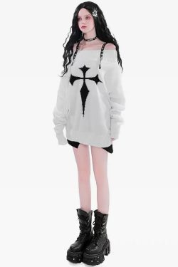 Y2K Grunge Cross Knitted Sweater - Retro 90s Fashion, Summer Outfits, and Pastel Goth Style