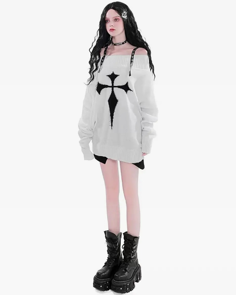 Y2K Grunge Cross Knitted Sweater - Retro 90s Fashion, Summer Outfits, and Pastel Goth Style