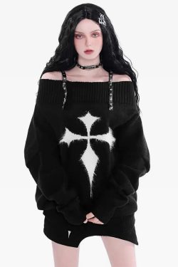 Y2K Grunge Cross Knitted Sweater - Retro 90s Fashion, Summer Outfits, and Pastel Goth Style