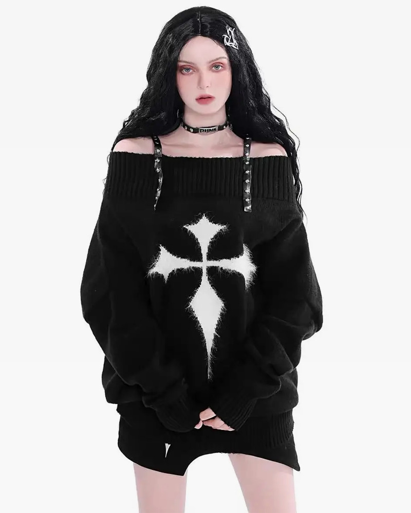 Y2K Grunge Cross Knitted Sweater - Retro 90s Fashion, Summer Outfits, and Pastel Goth Style