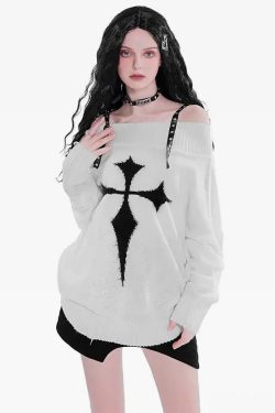 Y2K Grunge Cross Knitted Sweater - Retro 90s Fashion, Summer Outfits, and Pastel Goth Style