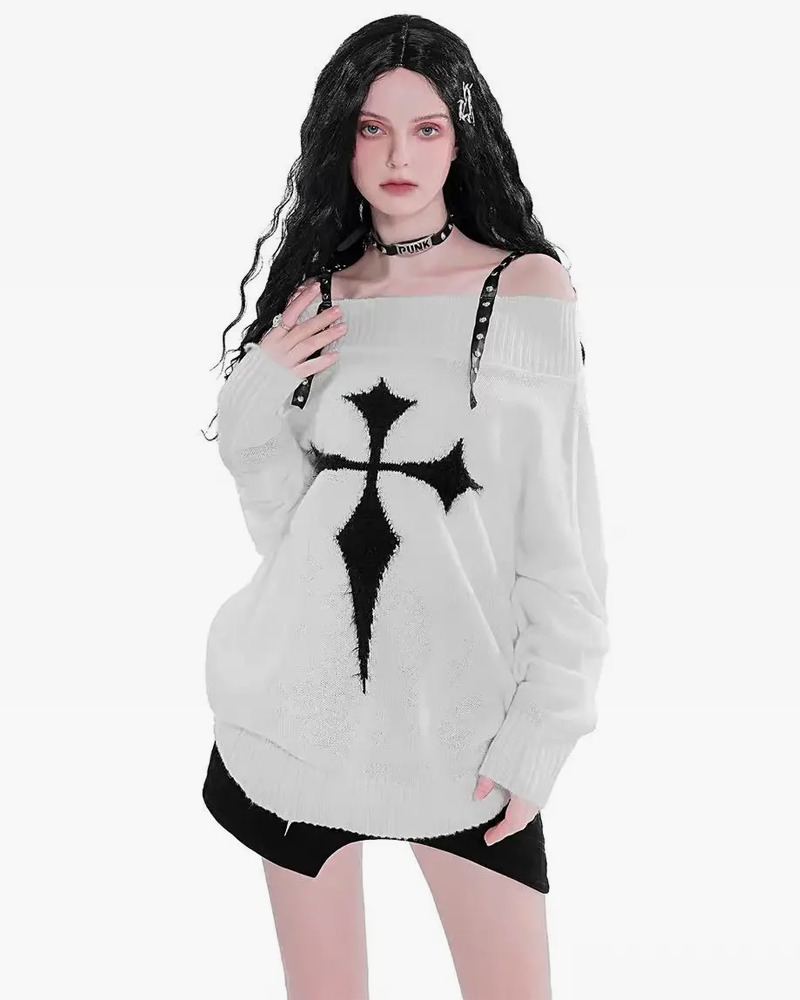 Y2K Grunge Cross Knitted Sweater - Retro 90s Fashion, Summer Outfits, and Pastel Goth Style