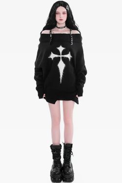 Y2K Grunge Cross Knitted Sweater - Retro 90s Fashion, Summer Outfits, and Pastel Goth Style