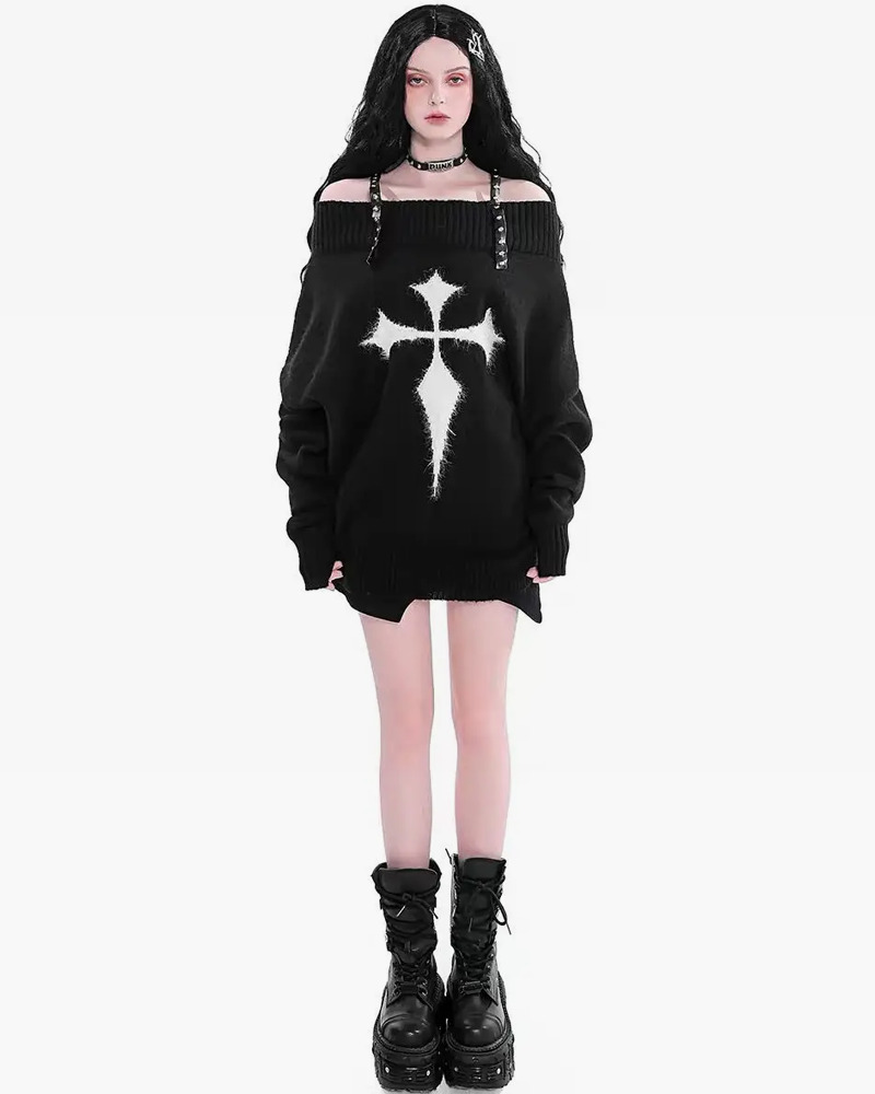 Y2K Grunge Cross Knitted Sweater - Retro 90s Fashion, Summer Outfits, and Pastel Goth Style