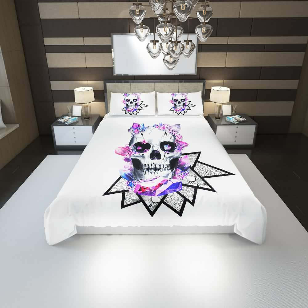 Y2K Grunge Crystal Skull Duvet Cover Set - Retro 90s Goth Pastel Goth Summer Bedroom Decor
