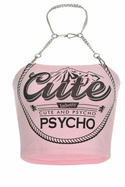 Y2K Grunge Cute and Psycho Halter Crop Top - 90s Retro Summer Party Outfit