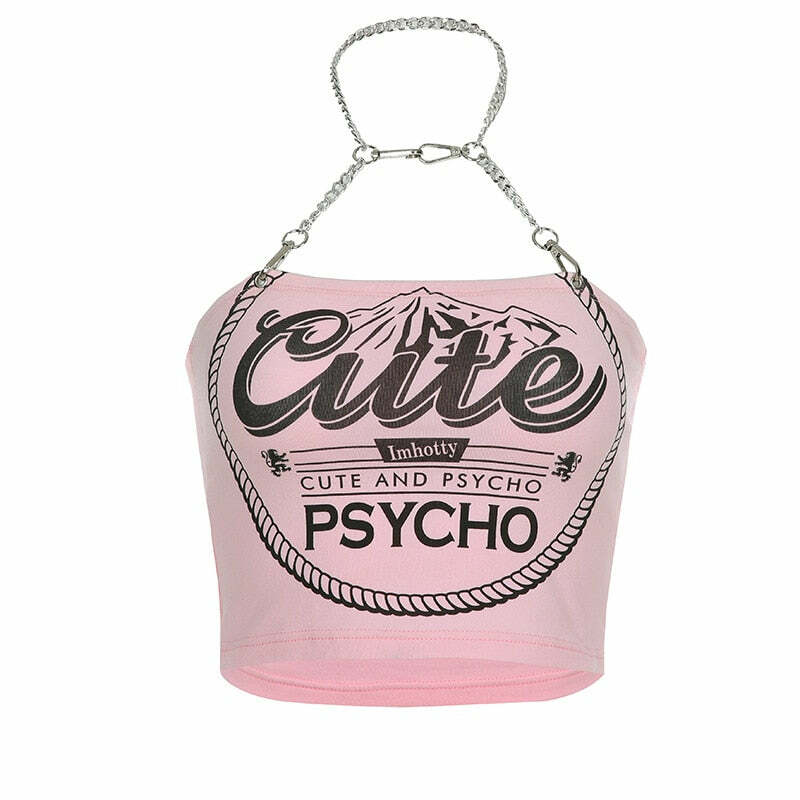Y2K Grunge Cute and Psycho Halter Crop Top - 90s Retro Summer Party Outfit