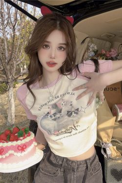 Y2K Grunge Cute Cat Baseball T-Shirt - Retro 90s Summer Outfit, Pastel Goth, Y2K Fashion