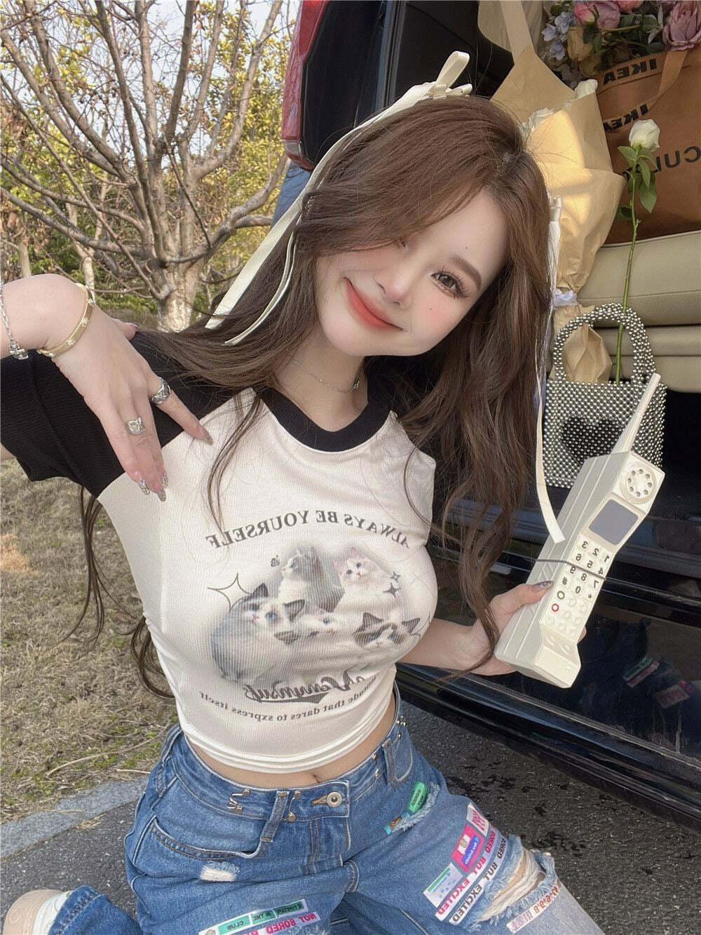 Y2K Grunge Cute Cat Baseball T-Shirt - Retro 90s Summer Outfit, Pastel Goth, Y2K Fashion