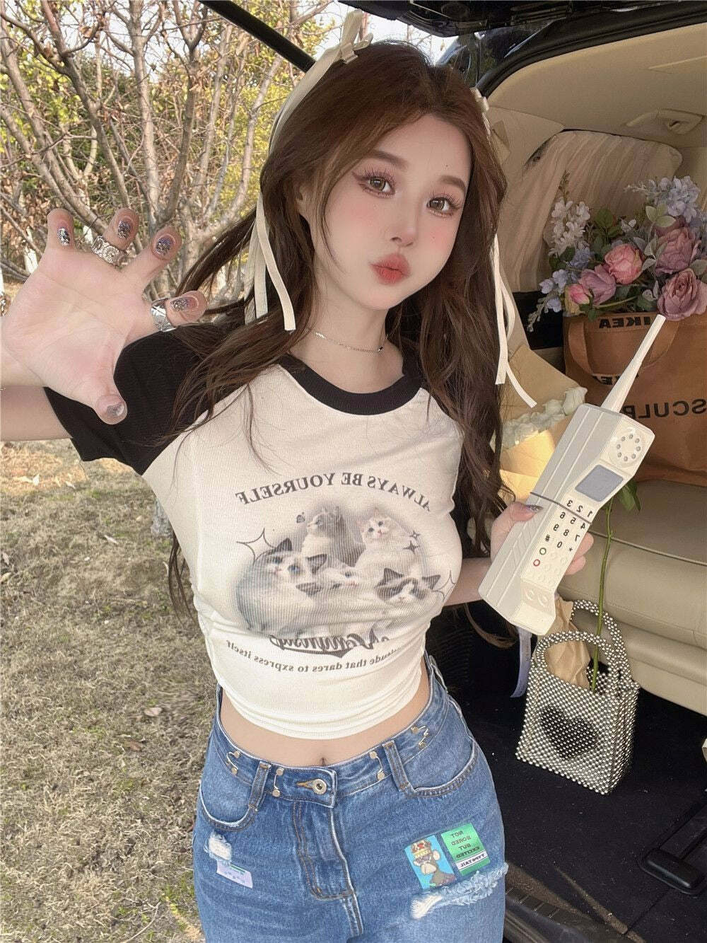 Y2K Grunge Cute Cat Baseball T-Shirt - Retro 90s Summer Outfit, Pastel Goth, Y2K Fashion