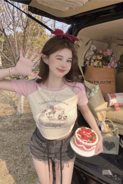 Y2K Grunge Cute Cat Baseball T-Shirt - Retro 90s Summer Outfit, Pastel Goth, Y2K Fashion
