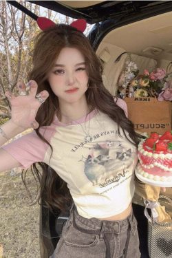 Y2K Grunge Cute Cat Baseball T-Shirt - Retro 90s Summer Outfit, Pastel Goth, Y2K Fashion