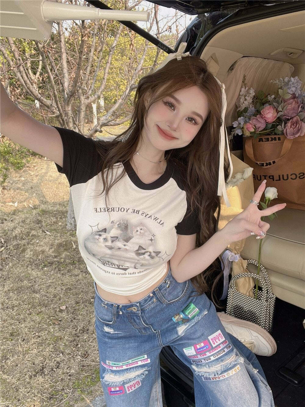 Y2K Grunge Cute Cat Baseball T-Shirt - Retro 90s Summer Outfit, Pastel Goth, Y2K Fashion