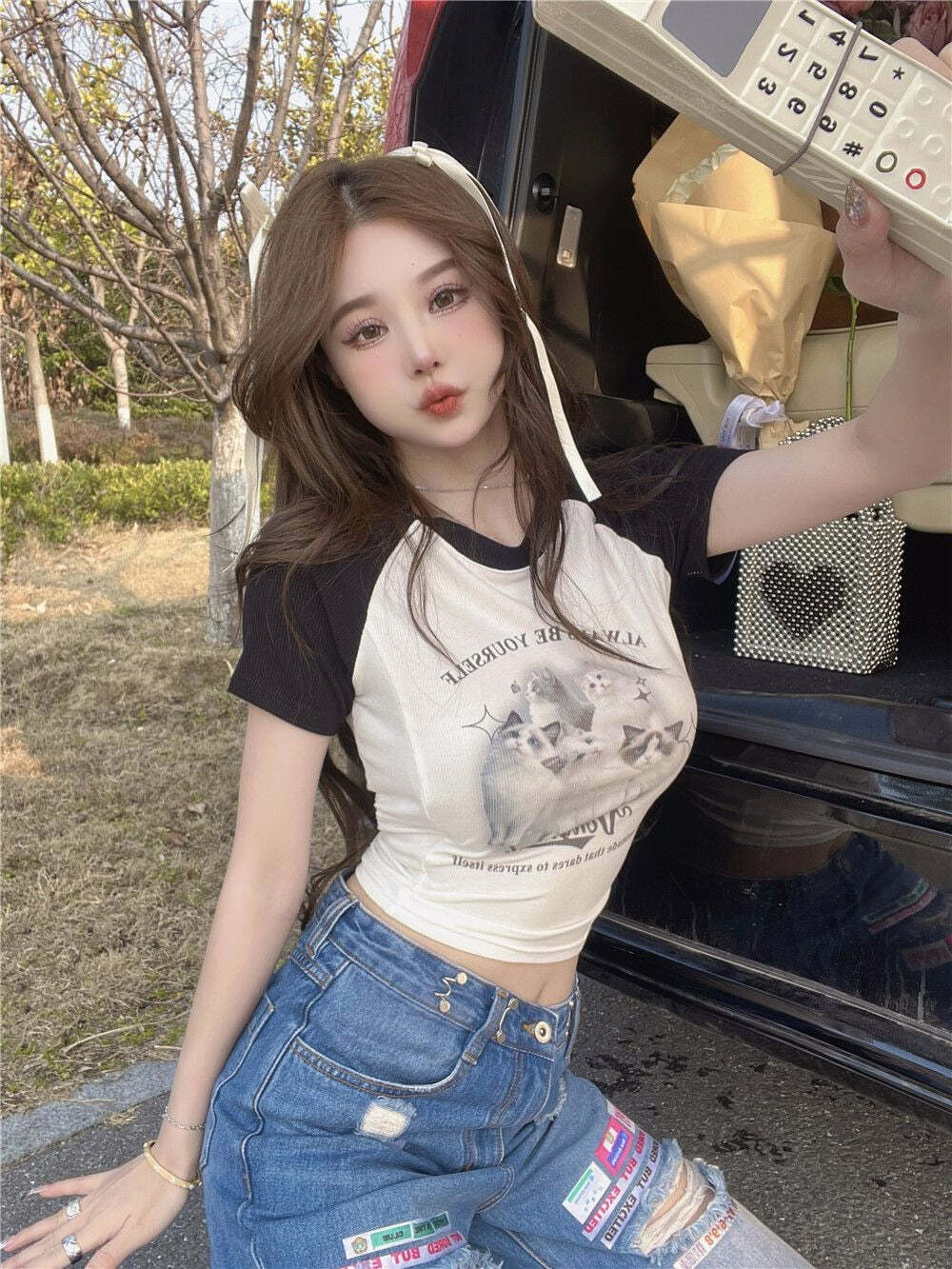 Y2K Grunge Cute Cat Baseball T-Shirt - Retro 90s Summer Outfit, Pastel Goth, Y2K Fashion