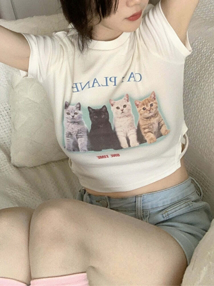 Y2K Grunge Cute Cat Friends Crop Top - Perfect for 90s Summer Outfits and Retro Y2K Fashion