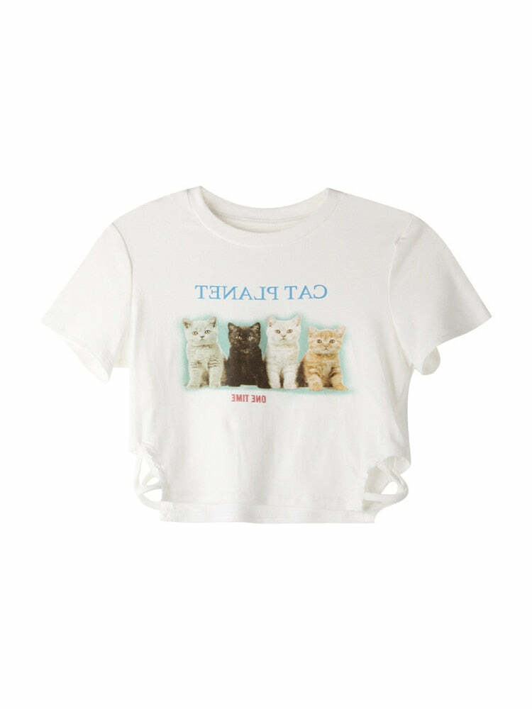 Y2K Grunge Cute Cat Friends Crop Top - Perfect for 90s Summer Outfits and Retro Y2K Fashion