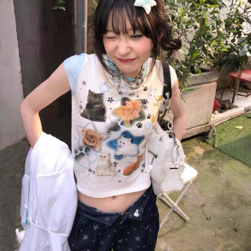 Y2K Grunge Cute Cats Aesthetic Crop Tee - Retro 90s Summer Outfit, Pastel Goth Fashion