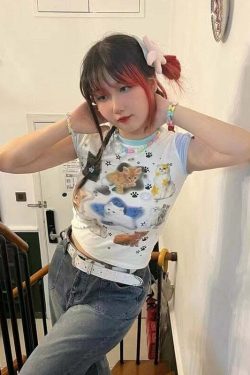 Y2K Grunge Cute Cats Aesthetic Crop Tee - Retro 90s Summer Outfit, Pastel Goth Fashion