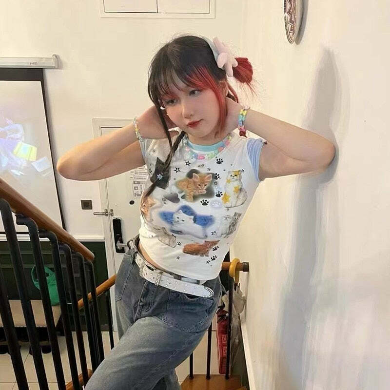 Y2K Grunge Cute Cats Aesthetic Crop Tee - Retro 90s Summer Outfit, Pastel Goth Fashion