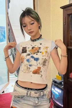 Y2K Grunge Cute Cats Aesthetic Crop Tee - Retro 90s Summer Outfit, Pastel Goth Fashion