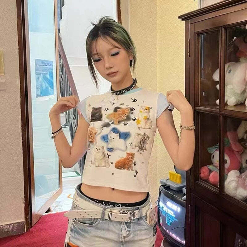 Y2K Grunge Cute Cats Aesthetic Crop Tee - Retro 90s Summer Outfit, Pastel Goth Fashion