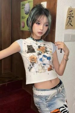 Y2K Grunge Cute Cats Aesthetic Crop Tee - Retro 90s Summer Outfit, Pastel Goth Fashion