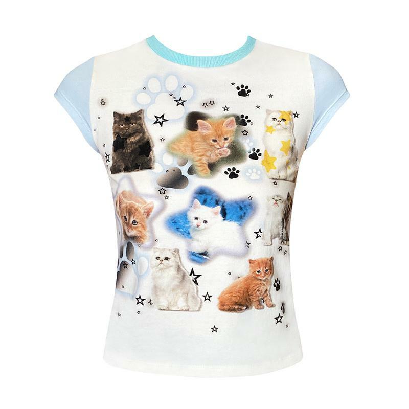 Y2K Grunge Cute Cats Aesthetic Crop Tee - Retro 90s Summer Outfit, Pastel Goth Fashion