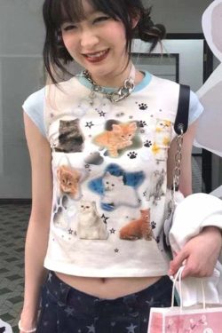 Y2K Grunge Cute Cats Aesthetic Crop Tee - Retro 90s Summer Outfit, Pastel Goth Fashion