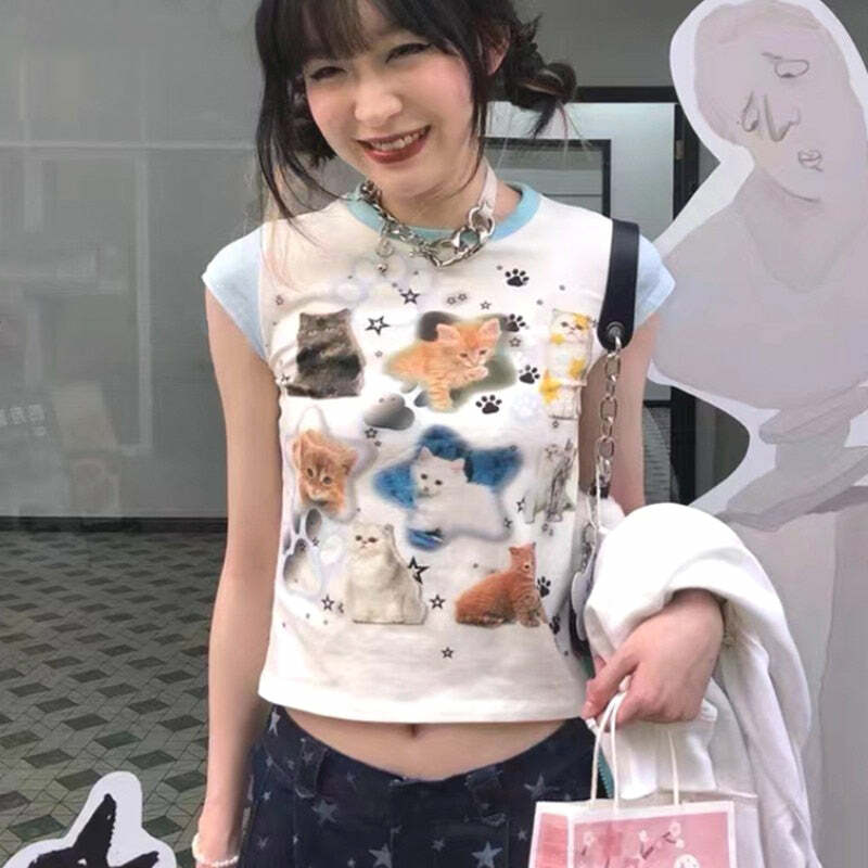 Y2K Grunge Cute Cats Aesthetic Crop Tee - Retro 90s Summer Outfit, Pastel Goth Fashion