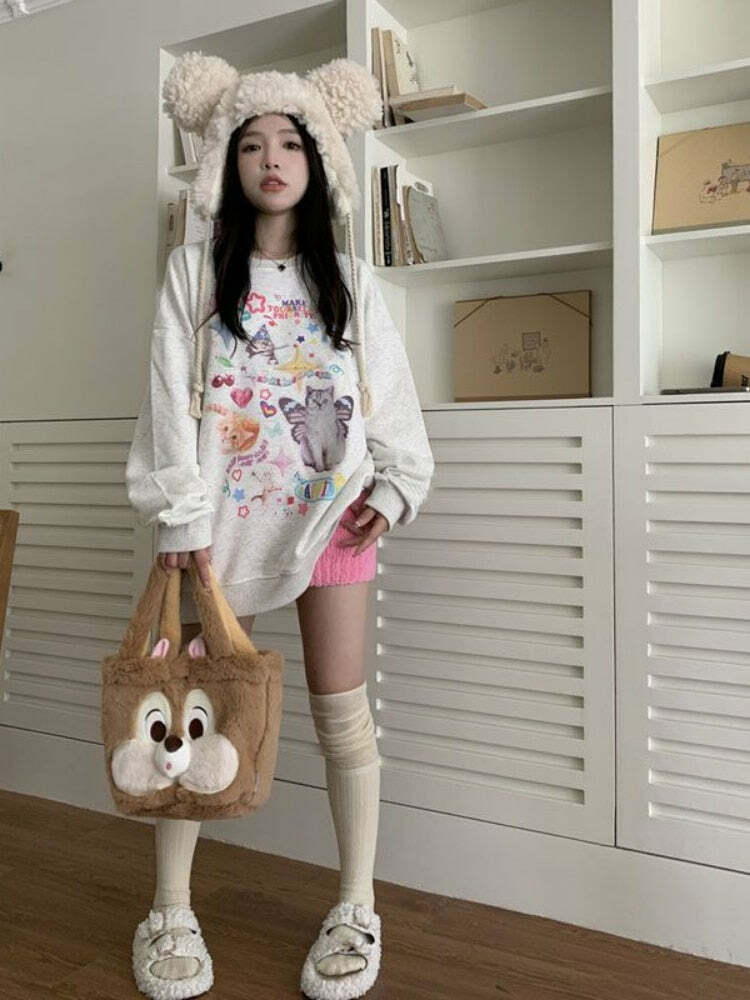 Y2K Grunge Cute Meme Cats Sweatshirt - Retro 90s Fashion, Summer Y2K Outfits, Pastel Goth Style