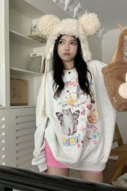 Y2K Grunge Cute Meme Cats Sweatshirt - Retro 90s Fashion, Summer Y2K Outfits, Pastel Goth Style