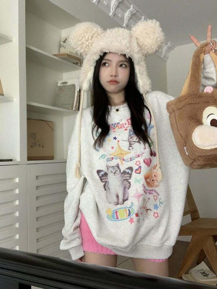Y2K Grunge Cute Meme Cats Sweatshirt - Retro 90s Fashion, Summer Y2K Outfits, Pastel Goth Style