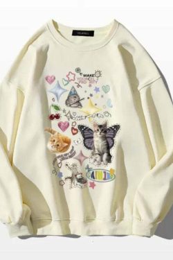 Y2K Grunge Cute Meme Cats Sweatshirt - Retro 90s Fashion, Summer Y2K Outfits, Pastel Goth Style