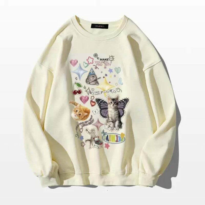 Y2K Grunge Cute Meme Cats Sweatshirt - Retro 90s Fashion, Summer Y2K Outfits, Pastel Goth Style