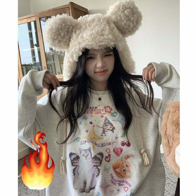 Y2K Grunge Cute Meme Cats Sweatshirt - Retro 90s Fashion, Summer Y2K Outfits, Pastel Goth Style