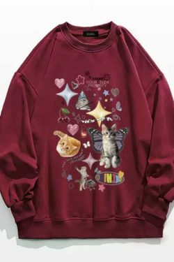 Y2K Grunge Cute Meme Cats Sweatshirt - Retro 90s Fashion, Summer Y2K Outfits, Pastel Goth Style