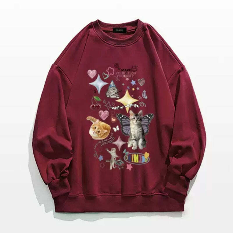 Y2K Grunge Cute Meme Cats Sweatshirt - Retro 90s Fashion, Summer Y2K Outfits, Pastel Goth Style