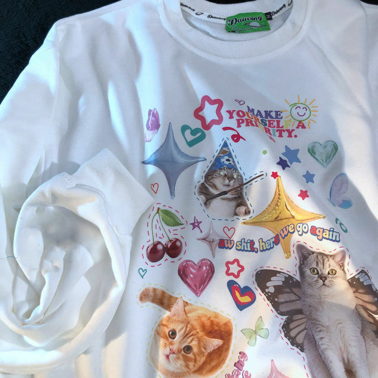 Y2K Grunge Cute Meme Cats Sweatshirt - Retro 90s Fashion, Summer Y2K Outfits, Pastel Goth Style
