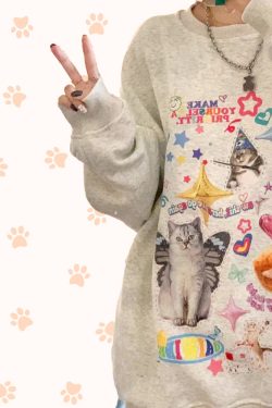 Y2K Grunge Cute Meme Cats Sweatshirt - Retro 90s Fashion, Summer Y2K Outfits, Pastel Goth Style