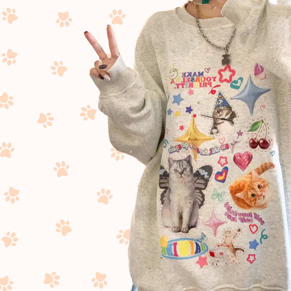 Y2K Grunge Cute Meme Cats Sweatshirt - Retro 90s Fashion, Summer Y2K Outfits, Pastel Goth Style