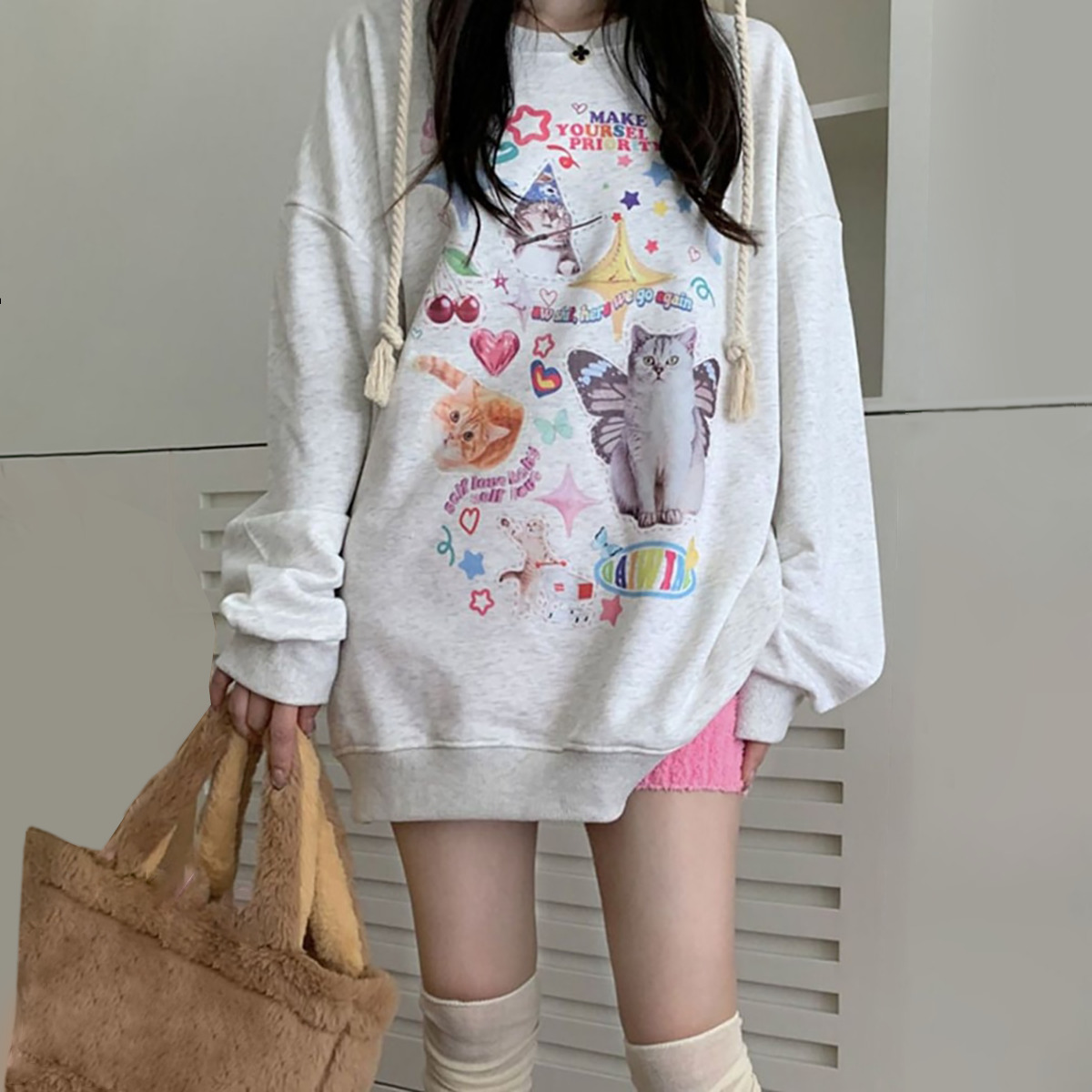 Y2K Grunge Cute Meme Cats Sweatshirt - Retro 90s Fashion, Summer Y2K Outfits, Pastel Goth Style
